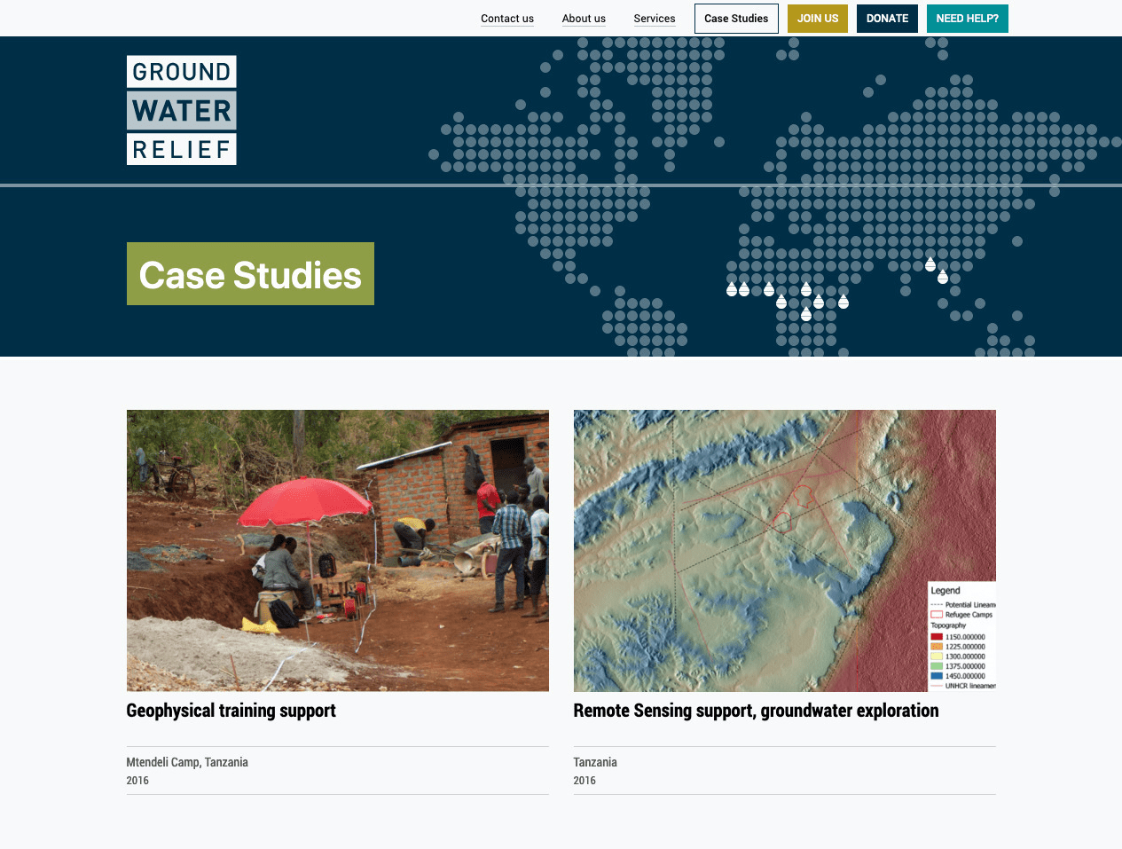 Screenshot from of Groundwater Relief Case Studies page