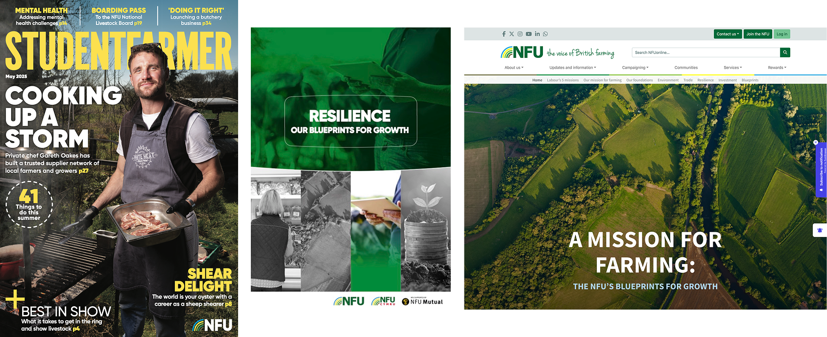 Images of Student Farmer magazine cover and screenshots of covers for reports for "resilance" and "A Mission for Farming"