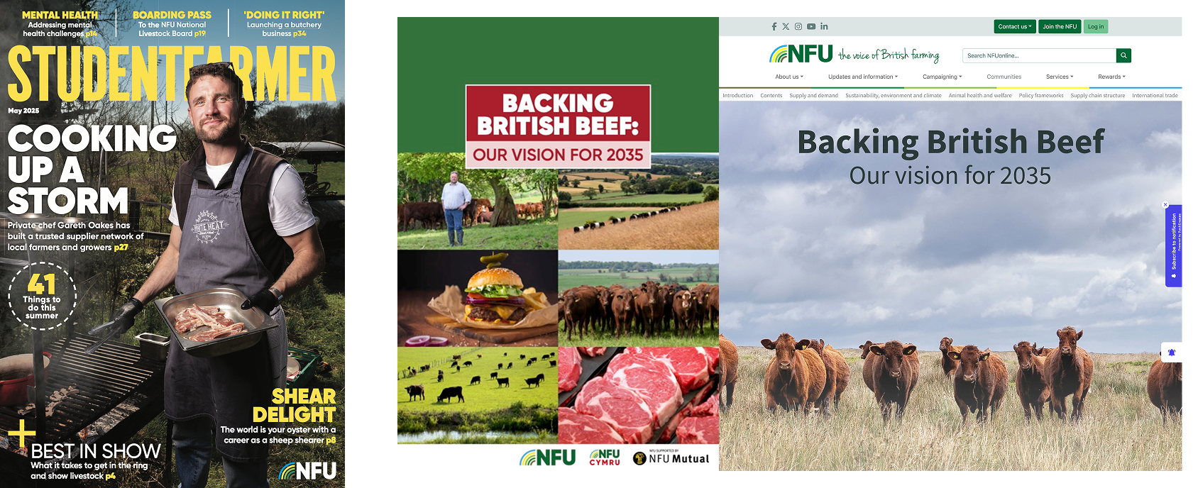 Images of Student Feamer magazine cover and Backing British Beef Report