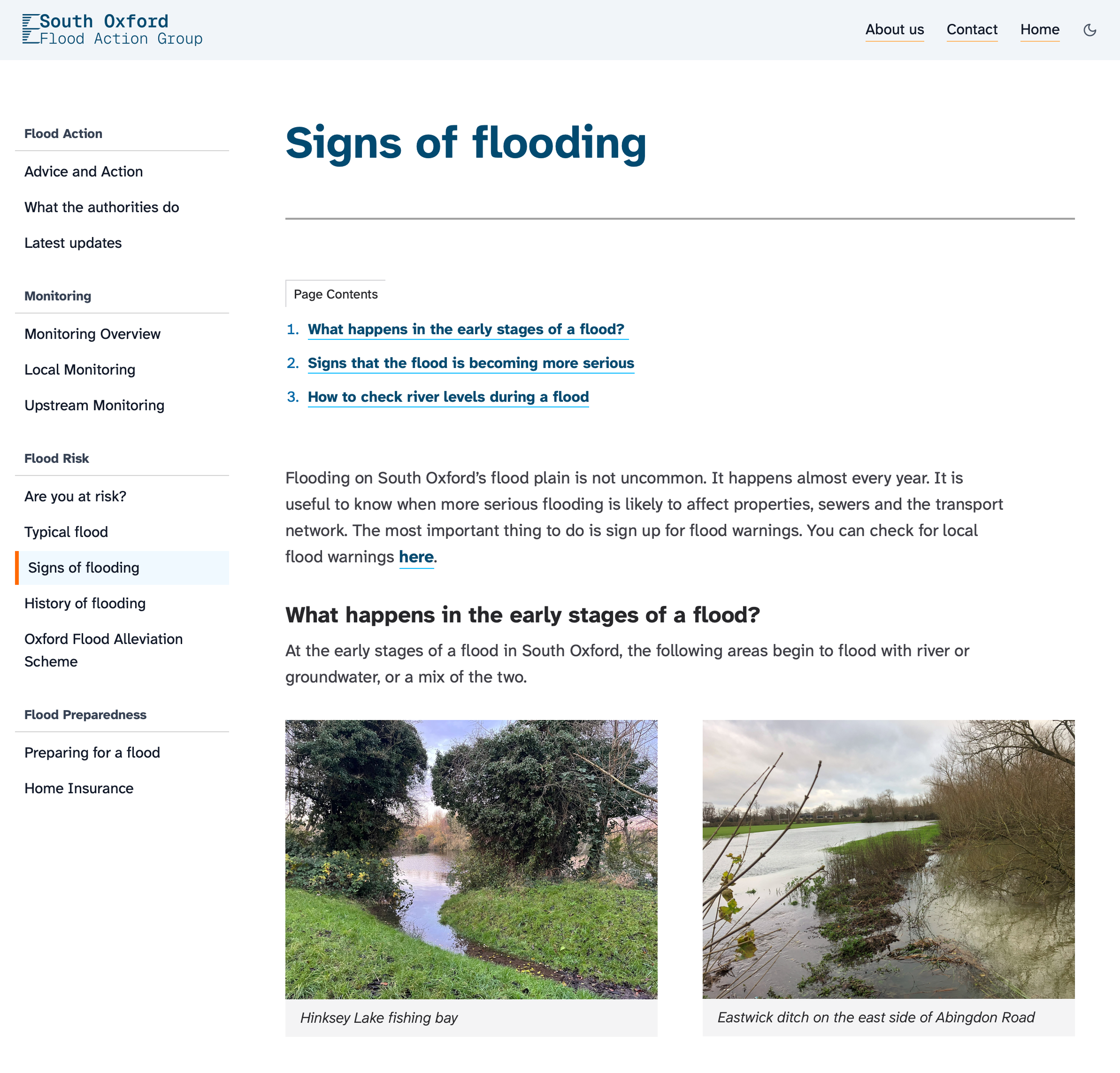 Screenshot of the Signs of Flooding page